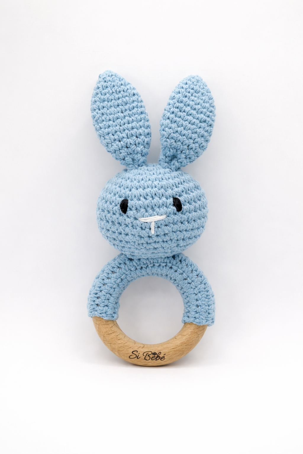 Houten bijtring & rammelaar – met de hand gehaakte baby rammelaar ( 3+ maanden)